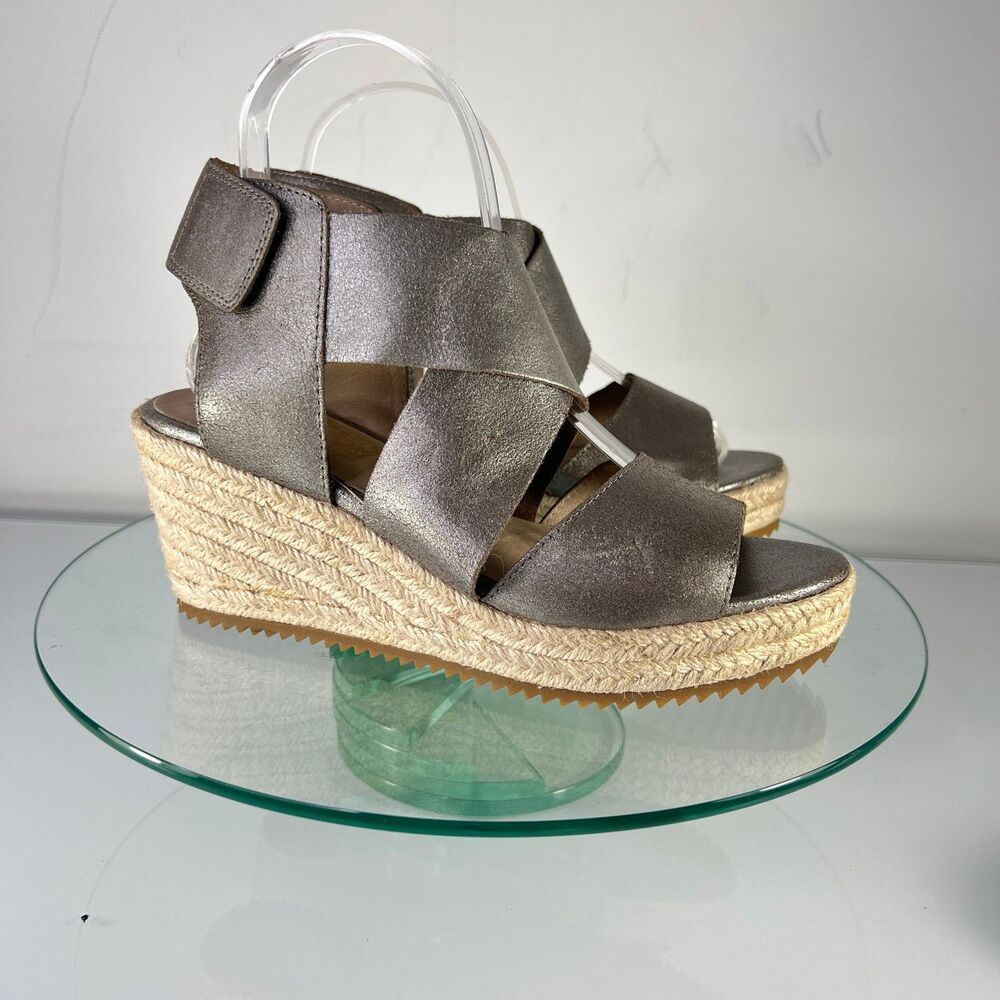 Eileen Fisher Willow Tumbled Leather Wedge Espadrille Metallic Silver